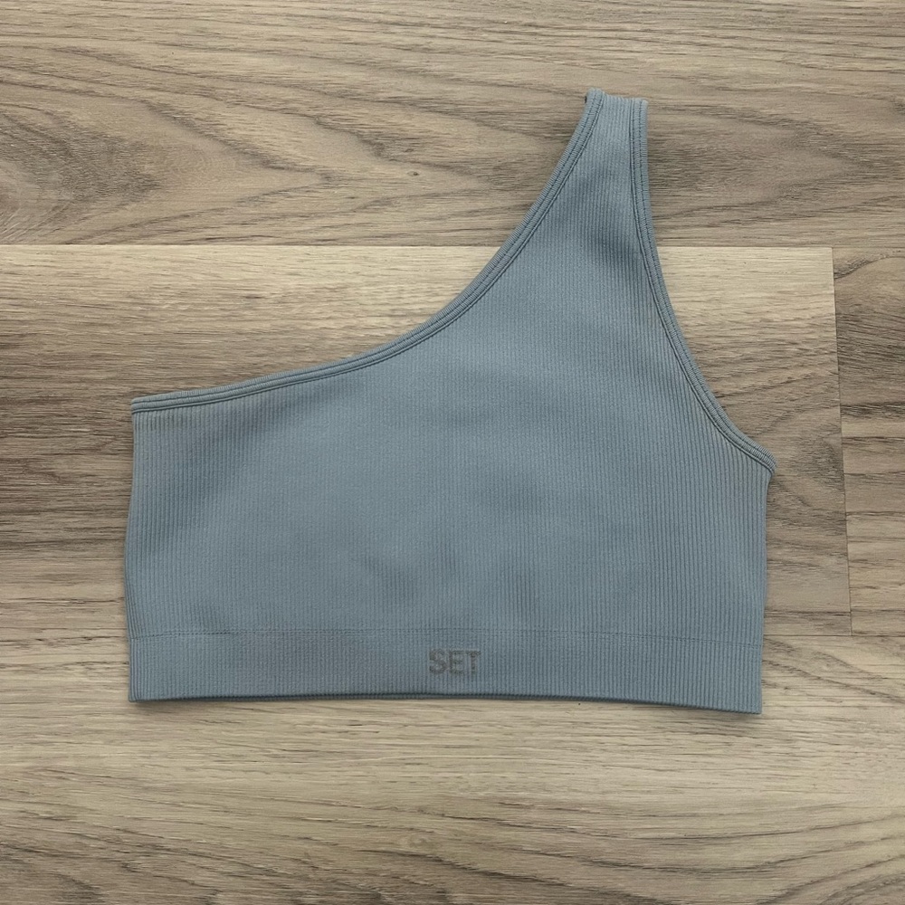 SET active one shoulder bra size small, gray/blue color